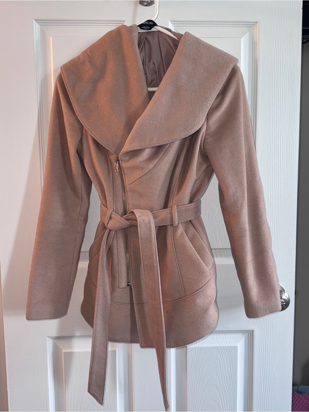 Bebe XS Wool Blend Belted Wrap Coat Oversized Collar Asymmetrical Jacket Neutral